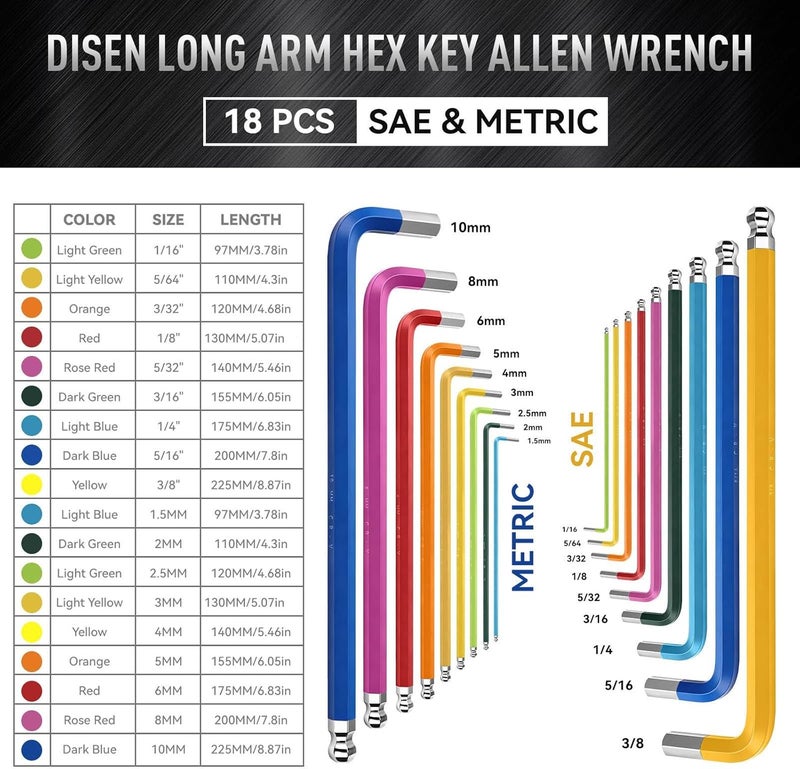 DISEN Hex Key Set, 18 PCS Metric & SAE Size Extra Long Arm Allen Wrench Set with Ball End Color Coding Design, 1.5-10 MM & 1/16-3/8 Inch for Bicycle, Household DIY, Chrome Vanadium Steel - Image 3